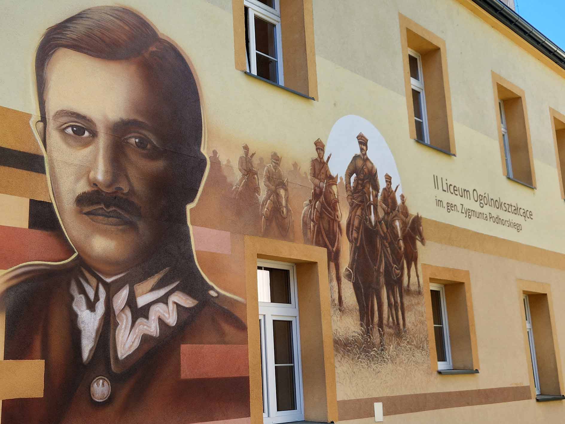 generał Podhorski, patron szkoły, mural historyczny, kawaleria, ułani, wojskowy mural