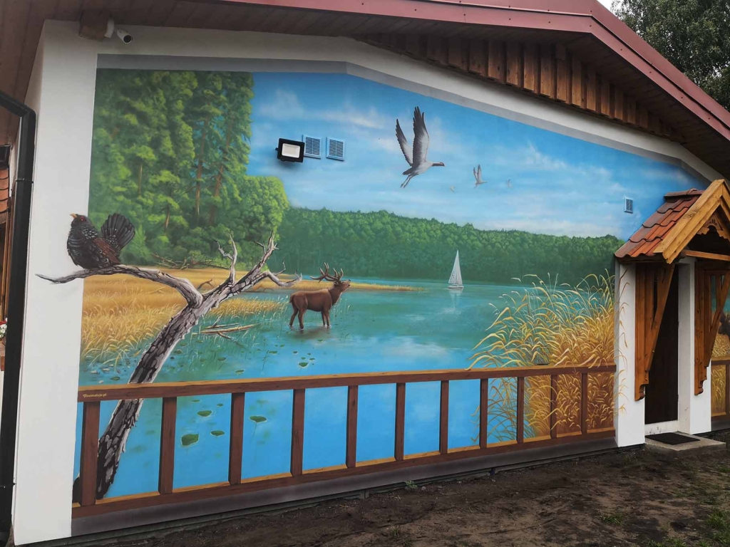 Przyrodniczy mural, ekologiczny, mazury, lasy, ptaki, zwierzęta